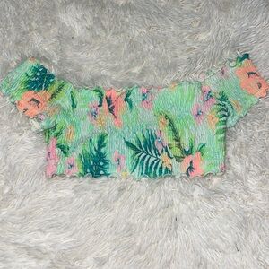 Victoria Secret Pink Smock Off The Shoulder Floral Bright Green Bikini Top